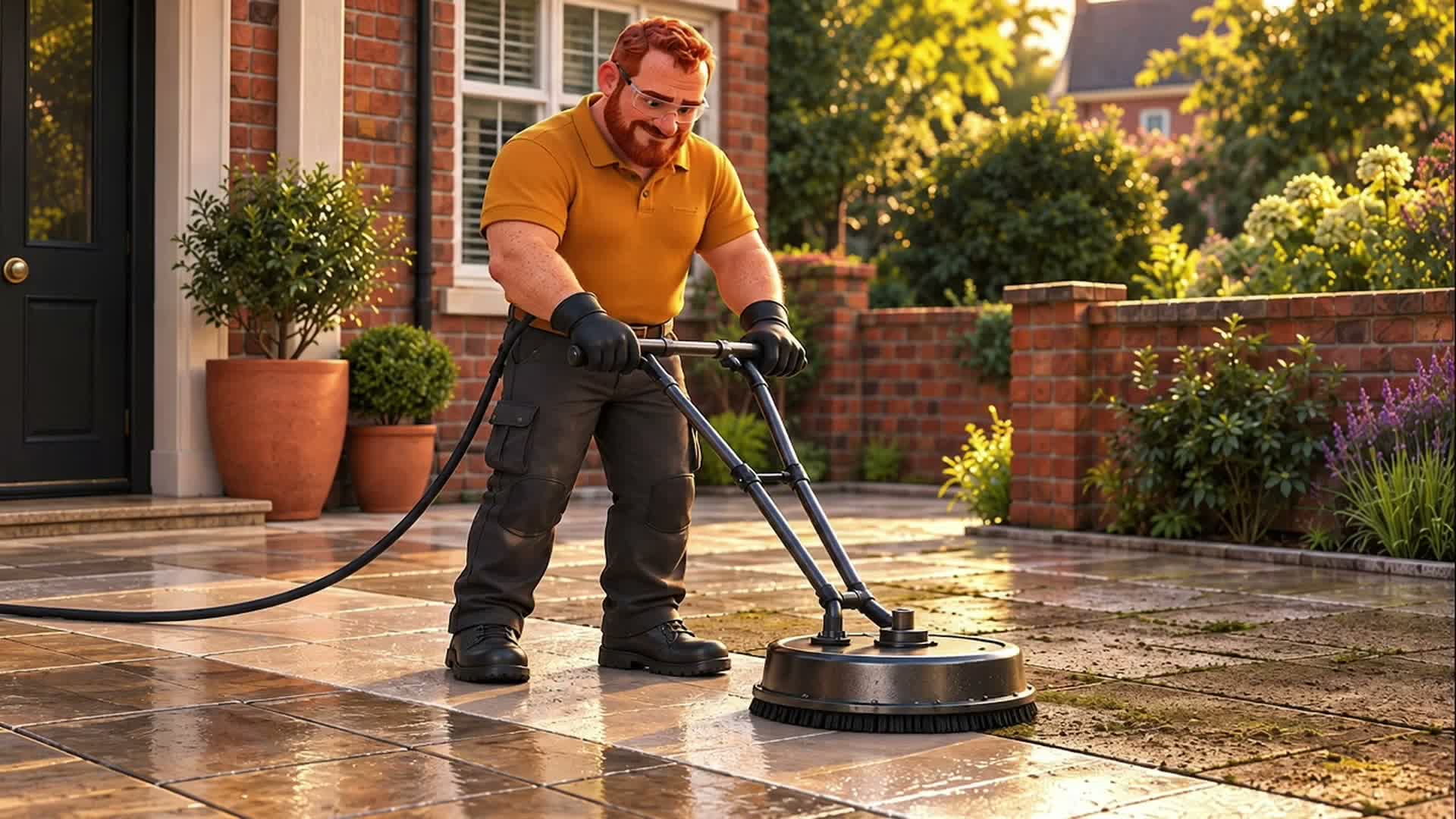Original cartoon: Stonebright’s exterior cleaner working on a sunlit patio.